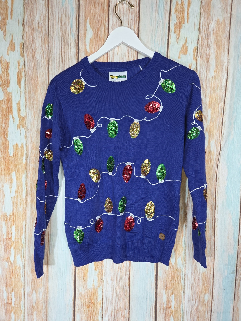 Tipsy Elves Youth Large Royal Blue Sequin Holiday Light Sweater Ugly Sweater